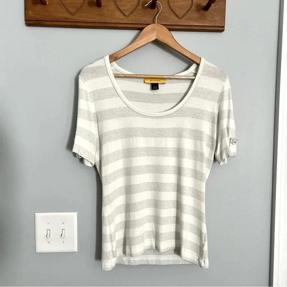 St. John Silver Met. Stripe SS Top Sz P - Picture 1 of 7
